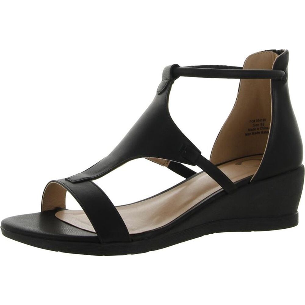 Journee Collection Womens Black Faux Leather Open Toe Wedge Sandals Shoes.